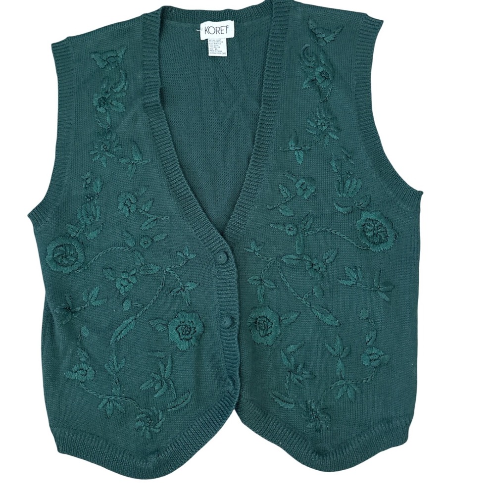 KORET Women's Green Floral Embroidered Button Front Knit Vest Sweater XL‎